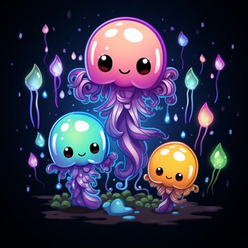 Neon colorful jellyfish with big eyes, fantasy aquatic creature on dark background, art