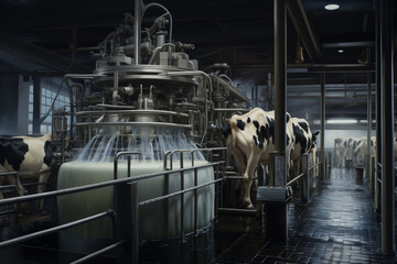 Cows lined up alongside industrial milking machinery, with a moody and dimly lit atmosphere, depicting advanced dairy farming. The image could illustrate articles on modern agriculture technology.