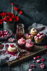 St. Valentines day cupcake and candy with red and pink heart
