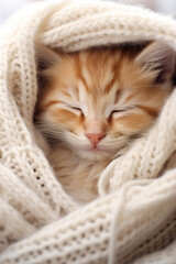 Fototapeta na wymiar little happy cat is sleeping in a scarf
