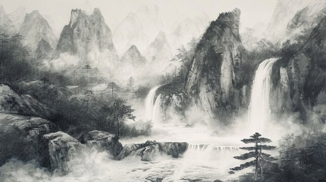 Black and White Painting of Majestic Waterfall in Nature