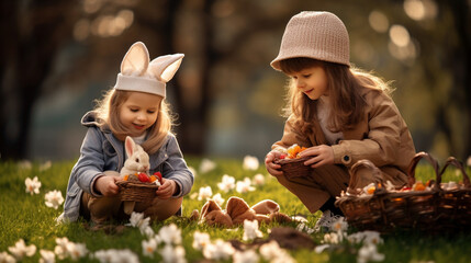 little happy children collect easter eggs in the park - obrazy, fototapety, plakaty