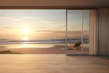 Modern beach house interior with sunset view