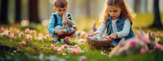 Fototapeta premium little happy children collect easter eggs in the park