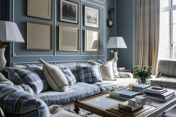 A cozy living room with a blue plaid couch and framed pictures, ideal for articles on classic home styling or real estate.