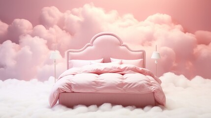 Pink fluffy bed in the clouds