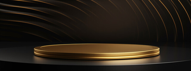 old podium with gold wave on black background. abstract luxury minimal wall scene for mockup products display. Round stage for showcase.