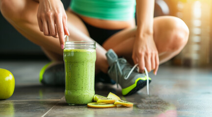 Female athlete drinking healthy organic detox kale and avocado smoothie after exercise - obrazy, fototapety, plakaty