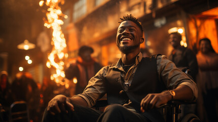 Joyful African American man in a wheelchair celebrating at night, surrounded by vibrant lights. Exuberant Man in Wheelchair Enjoying Nightlife, party - obrazy, fototapety, plakaty