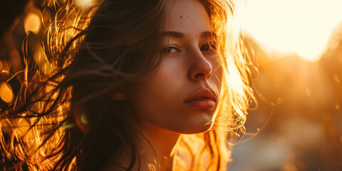 Young woman with windblown hair against a glowing sunset, her gaze intense yet distant