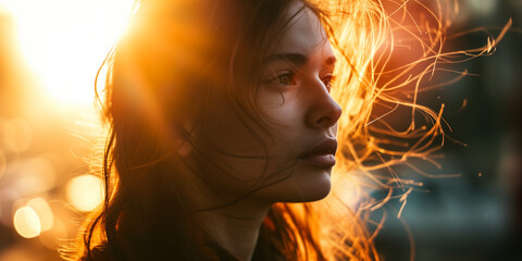 Young woman's profile is illuminated by the fiery glow of sunset, her hair wisped by a gentle breeze - obrazy, fototapety, plakaty
