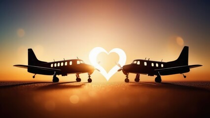 Valentine's day concept.Golgen heart between two airplanes.Holiday