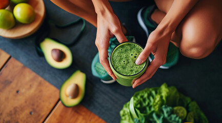 Female athlete drinking healthy organic detox kale and avocado smoothie after exercise