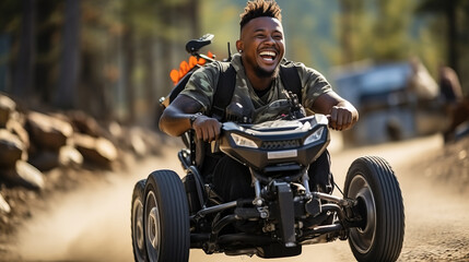 Excited man in a motorized wheelchair, riding on a dusty trail in the woods, displaying freedom and joy. Adventurous Man Riding Motorized Wheelchair on Trail