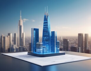 concept holo blue 3d render miniature model maquette of small skyscraper building on table in real estate agency. signing mortgage contract document demonstrating. futuristic business.