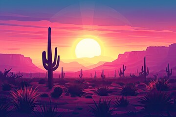 a desert landscape with cacti with the sun Generative AI