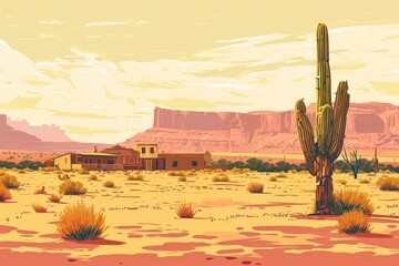 an abstract desert scene with a cactus and deserted village Generative AI