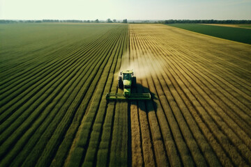 A tractor creates parallel lines in a vast field, half is yellow half green, under the clear sky, signifying diligent agriculture. The image is apt for farming industry promotion and agricultural tech - obrazy, fototapety, plakaty