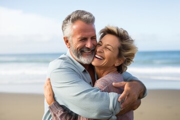 Happy retired couple hugging on beach - obrazy, fototapety, plakaty