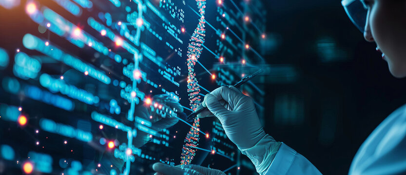 Scientists explore results of microbiology DNA sequencing in research lab with AI and 3D modeling