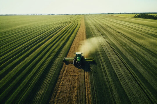 A green harvester is working in a vast field under a clear sky. The image evokes a sense of productivity and vastness, suitable for agricultural themes.