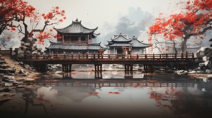Oriental bridge and houses with red trees