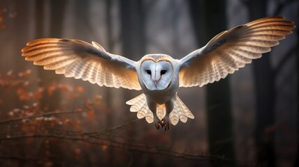 Barn owl gracefully flying through a misty woodland, wings outstretched.
