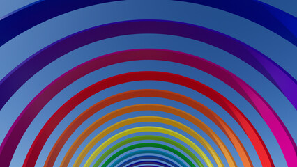 3D illustration of rainbow colored round arches in day light with sun shadows on blue sky