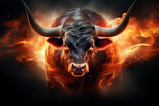 Close up of a fiery bull on a bright background, concept depicting the volatile market