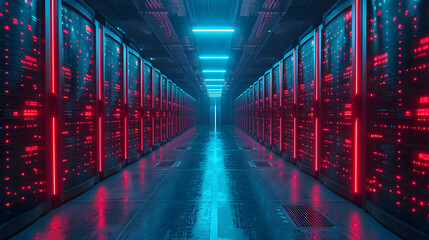 Modern Data Technology Center Server Racks in Dark Room. Visualization Concept of Internet of Things, Complex Electric Equipment Warehouse.
