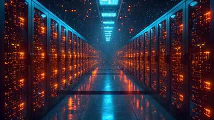 Modern Data Technology Center Server Racks in Dark Room. Visualization Concept of Internet of Things, Complex Electric Equipment Warehouse.