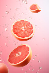 Sliced grapefruits in mid-air surrounded by lively water droplets, set against a gradient pink background.
