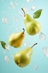 Three ripe pears and leaves floating among water droplets on a bright turquoise background.
