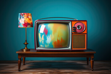 A vintage TV in paint stands on a wooden table near a blue wall. Generated by artificial intelligence