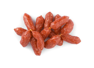 Thin dry smoked sausages isolated on white, top view