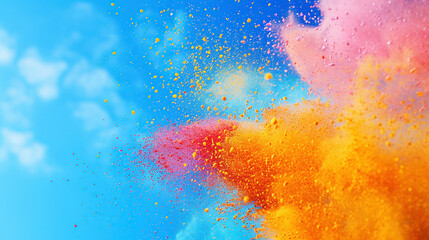 Clouds of colorful powder against bright blue sky, symbolizing joy and celebration. Indian Festival of Colors Holi - obrazy, fototapety, plakaty