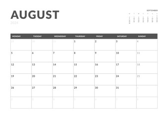Monthly page Calendar Planner Templates of August 2024. Vector layout of simple calendar with week start Monday for print. Page for size A4 or 21x29.7 cm