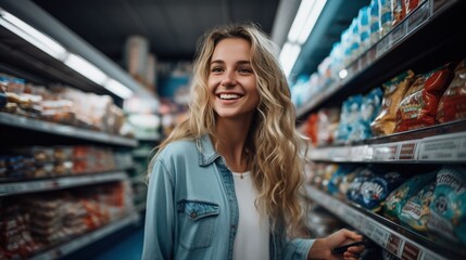 Happy young woman shopping in grocery store