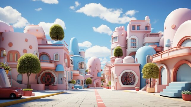 A whimsical cartoon city street with colorful houses and blue sky