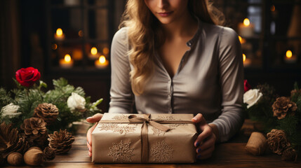 Christmas gift wrapping, Girl holding a Christmas present
