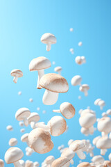 Obraz premium An array of champignon mushrooms varying in size floating elegantly in the sky, resembling fluffy white clouds on a clear blue day. 