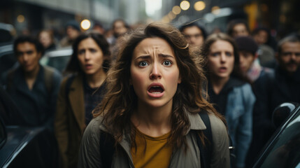 Fototapeta premium Portrait of sad woman in autumn clothes in crowd