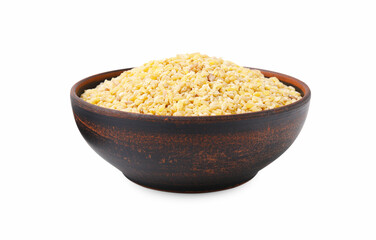 Raw bulgur in bowl isolated on white
