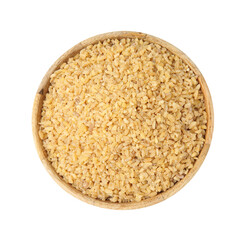 Raw bulgur in bowl isolated on white, top view
