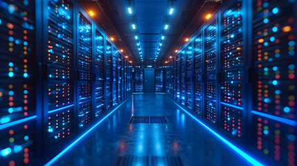 Modern Data Technology Center Server Racks in Dark Room. Visualization Concept of Internet of Things, Complex Electric Equipment Warehouse.