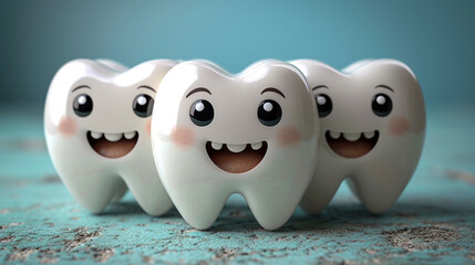 Obraz premium Toothful Delight: Bright Picture of Cute and Smiling Tooth Characters on a Turquoise Background