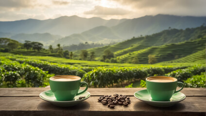 Cup of coffee against the background of a plantation - obrazy, fototapety, plakaty