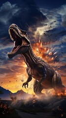 Tyrannosaurus Rex Dinosaur Roaring In Prehistoric Landscape