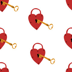 Heart Lock and key seamless pattern. Valentine day wallpaper. Hand drawn cartoon cute background in retro vintage style. Childish drawing style. Love Hearts Valentine’s Day vector illustration.