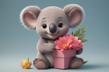 Birthday card concept with a cartoon koala baby and gifts.